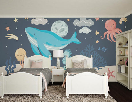 Marine animals wallpaper creating a magical atmosphere in a cozy nursery with soft blue lighting