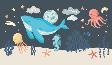 Marine animals wallpaper design file showing detailed whimsical ocean scene with moon and sea creatures