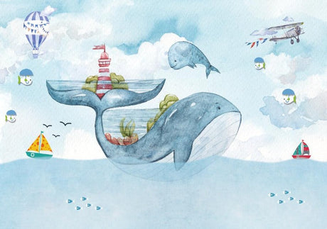 Whimsical whale and lighthouse design file showing watercolor details and maritime elements