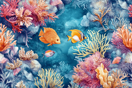 Design file showing detailed coral reef pattern with vibrant tropical fish