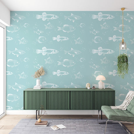Marine life wallpaper creating a serene atmosphere in a modern bathroom, with hand-drawn fish pattern adding movement to the space