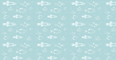 Hand-drawn fish pattern design file showing detailed white sketches on aqua blue background