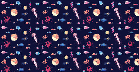 Marine life wallpaper creating an underwater paradise in a modern living room, with jellyfish and seahorses dancing on navy walls