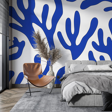 Modern living room showcasing Blue Coral Pattern Wallpaper, creating a fresh and sophisticated coastal atmosphere