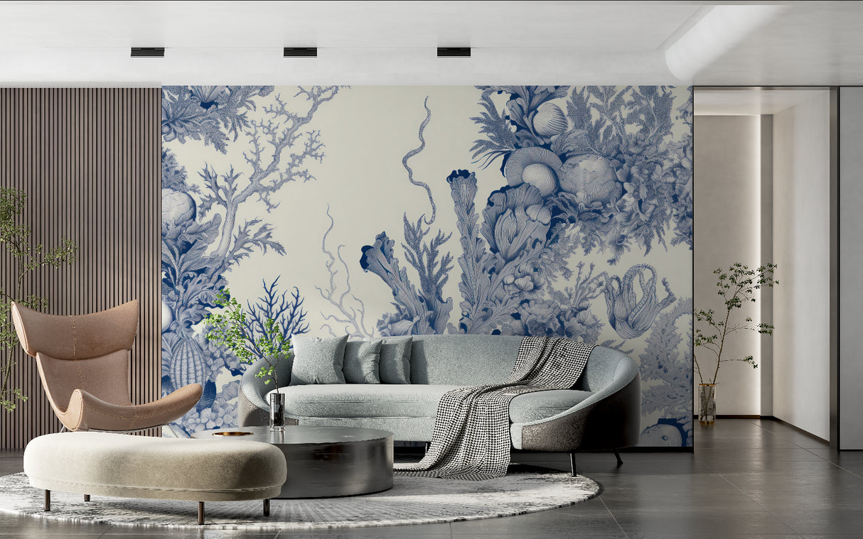 Ocean themed wall mural in coastal style bedroom with white furniture