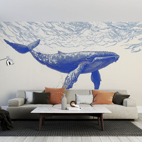 Blue whale line art wallpaper creating a serene atmosphere in a modern living room with minimal furniture