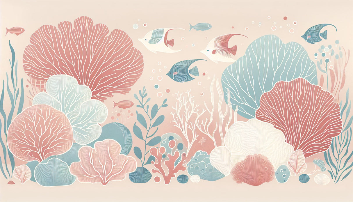 Coral reef mural wallpaper adding coastal charm to a bright bathroom space