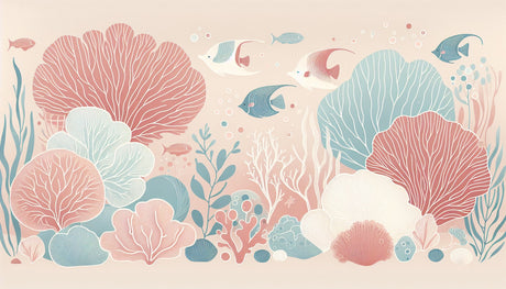 Coral reef mural wallpaper adding coastal charm to a bright bathroom space