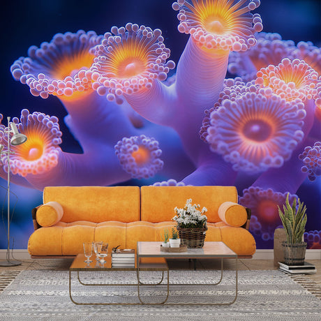 Marine coral wallpaper bringing ocean life to a modern bathroom, soft pink and blue glow creates depth