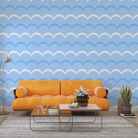 Marine pattern wallpaper with scalloped waves creating a calming atmosphere in a modern coastal bedroom