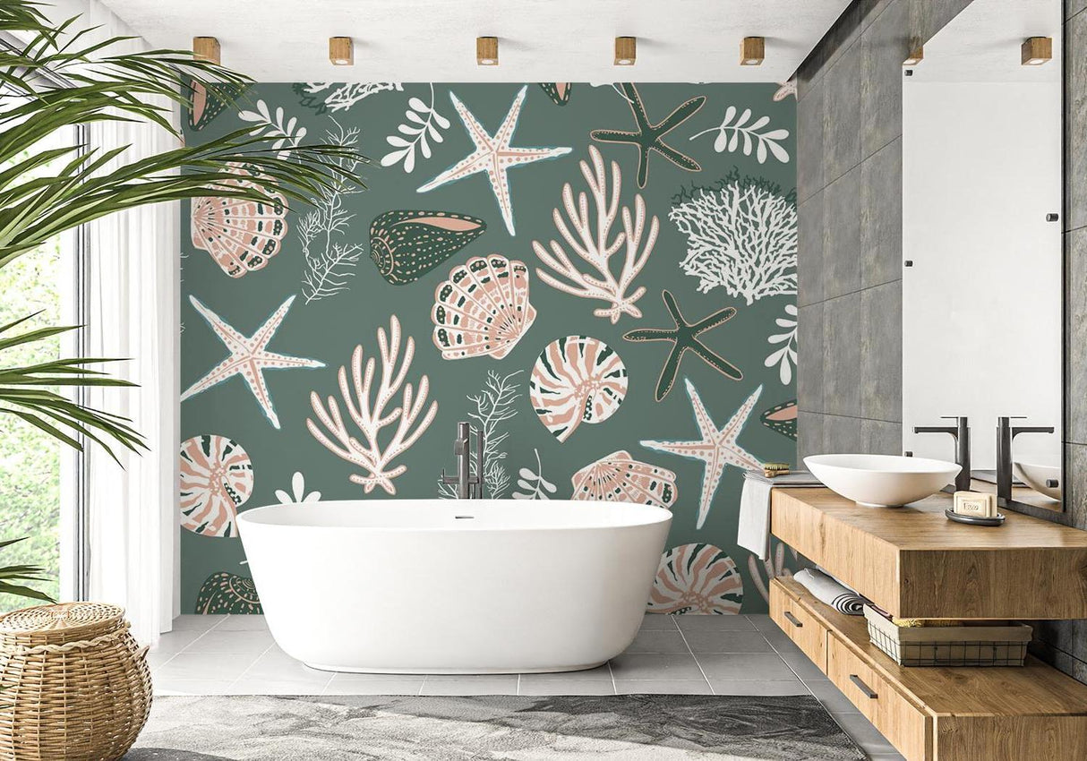 Marine life wallpaper with seashells and starfish creating a calm atmosphere in a modern bathroom setting