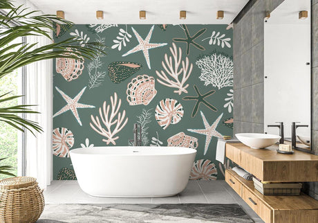 Marine life wallpaper with seashells and starfish creating a calm atmosphere in a modern bathroom setting