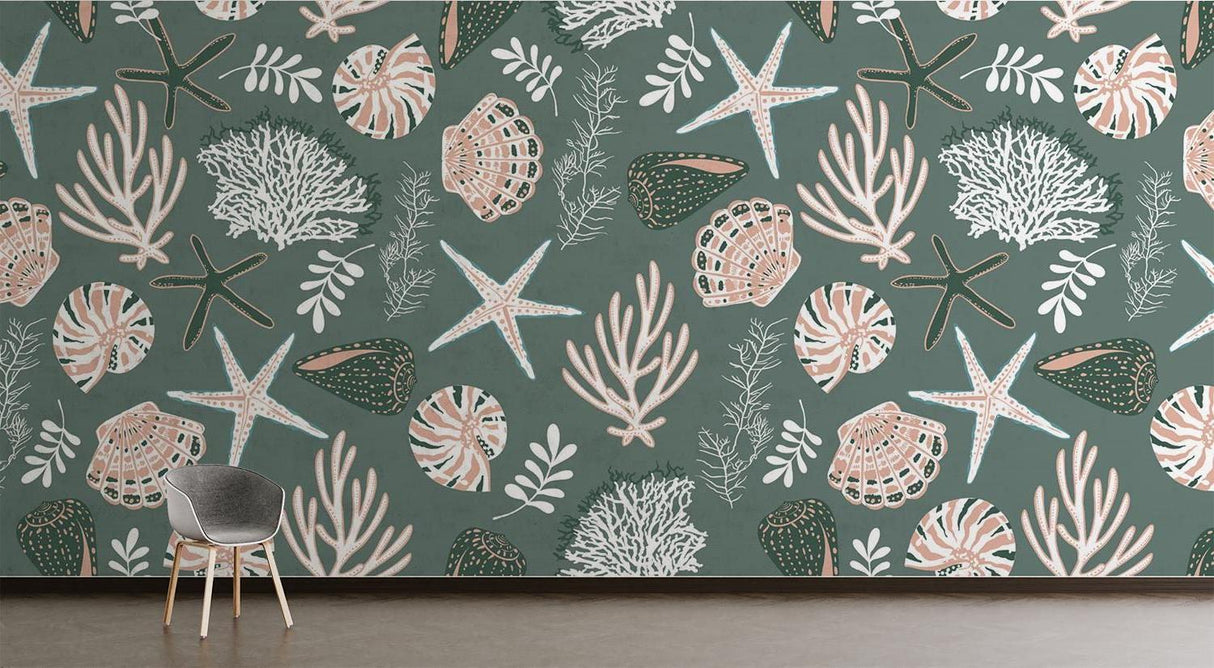 Coastal wall mural featuring sage green tones and seashells in a bright bedroom environment