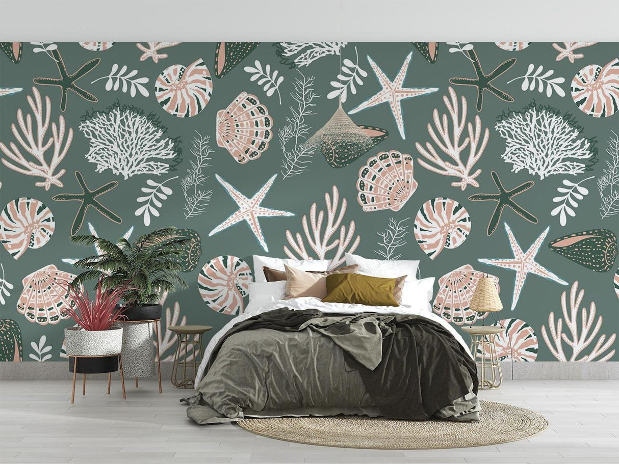 Seashell wallpaper in sage green adding coastal charm to a living room accent wall
