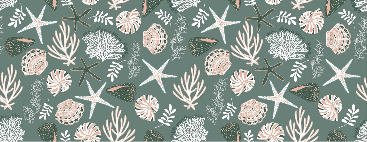 Design file of marine pattern with detailed seashells and starfish on sage green background
