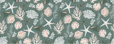 Design file of marine pattern with detailed seashells and starfish on sage green background
