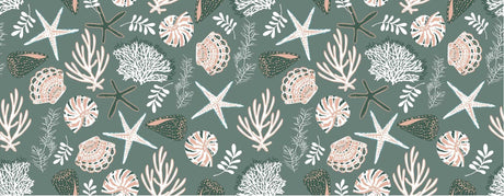 Design file of marine pattern with detailed seashells and starfish on sage green background