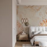 Seashell pattern wallpaper in modern living room with natural light highlighting terracotta tones