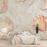 Coastal shell wallpaper creating warm atmosphere in master bedroom