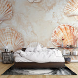 Marine wallpaper with floating shells pattern in dining room setting