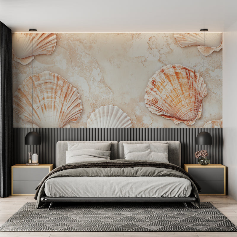 Shell pattern mural bringing coastal charm to bathroom walls