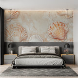 Shell pattern mural bringing coastal charm to bathroom walls