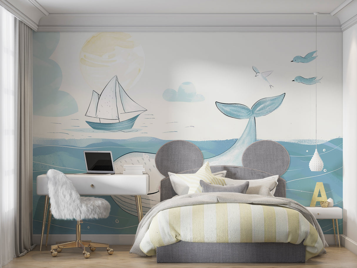 Ocean theme wallpaper with whale and sailboat creating a peaceful atmosphere in a modern nursery