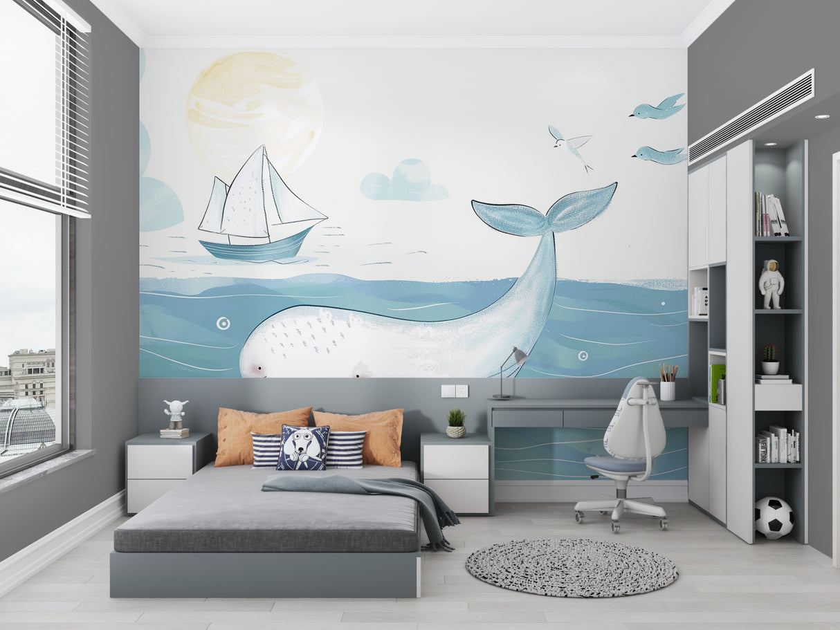 Nautical wallpaper transforming a playroom with gentle ocean scenes