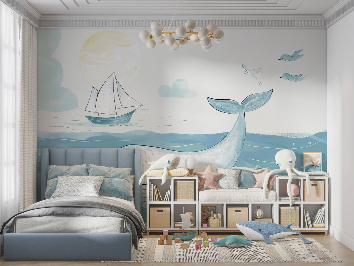 Marine theme wall mural showcasing a gentle whale and sailboat in a baby room