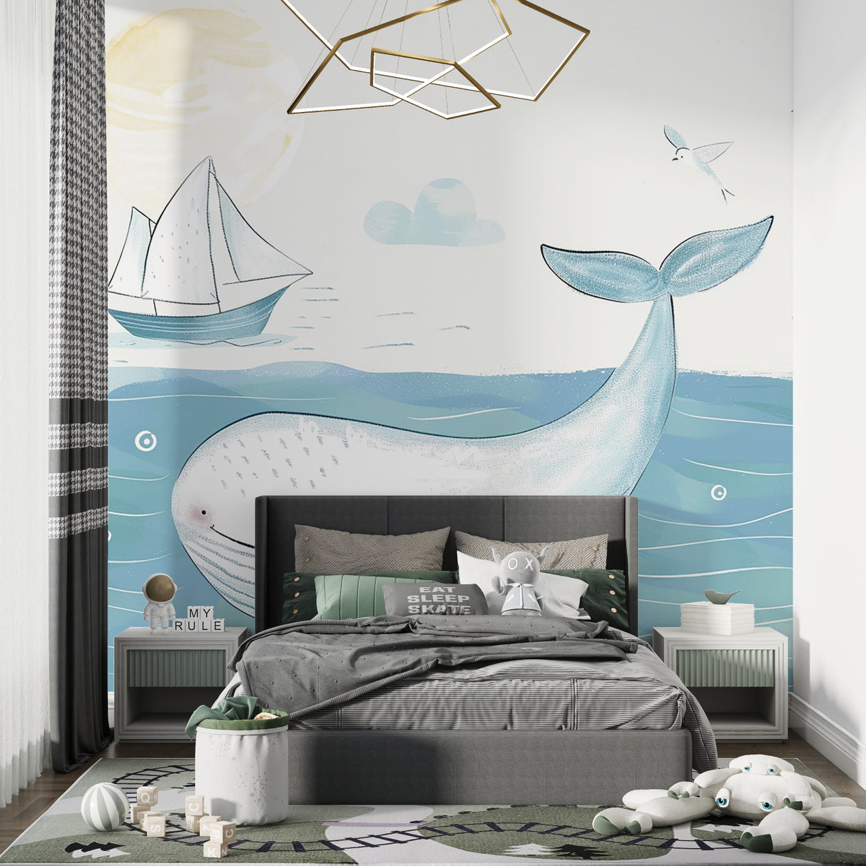 Ocean wallpaper creating a calming atmosphere in a coastal-style bedroom