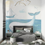 Ocean wallpaper creating a calming atmosphere in a coastal-style bedroom