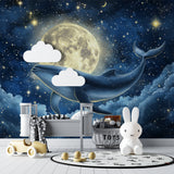 Night sky whale mural adding depth to a teen's room with celestial marine design