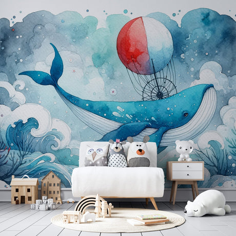 Marine animal wallpaper with whimsical whale design shown in a bright nursery with white furniture and soft textiles