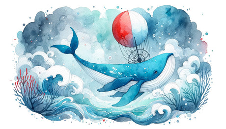 Whimsical whale and hot air balloon design file featuring watercolor marine pattern in turquoise and navy