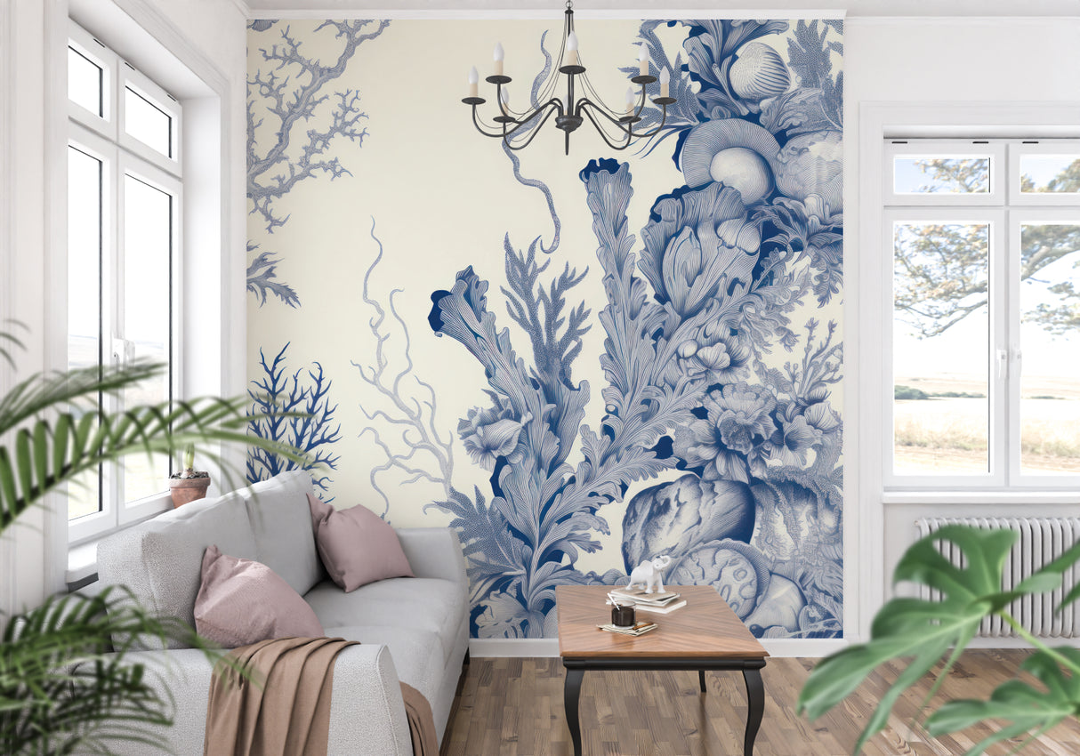 Marine botanical wallpaper in bright modern living room showing blue Toile de Jouy pattern