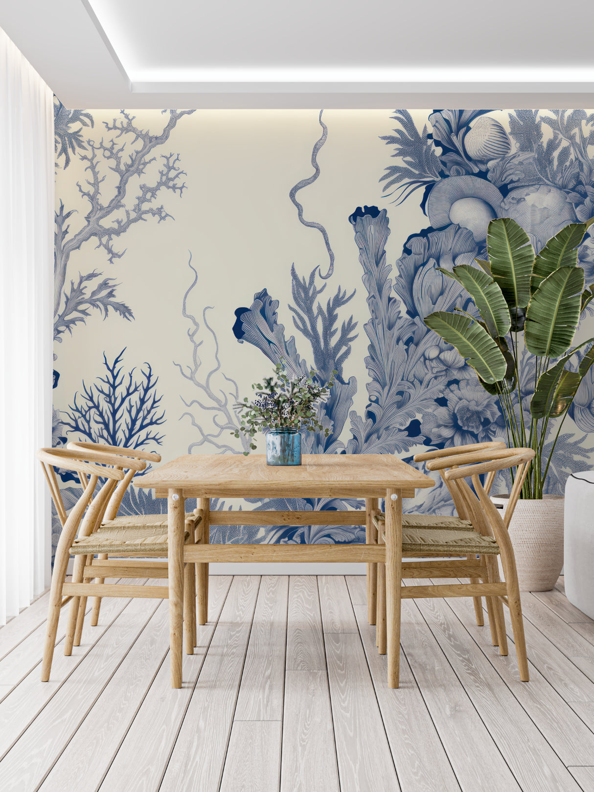 Coastal pattern wallpaper creating serene atmosphere in master bedroom