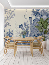 Coastal pattern wallpaper creating serene atmosphere in master bedroom