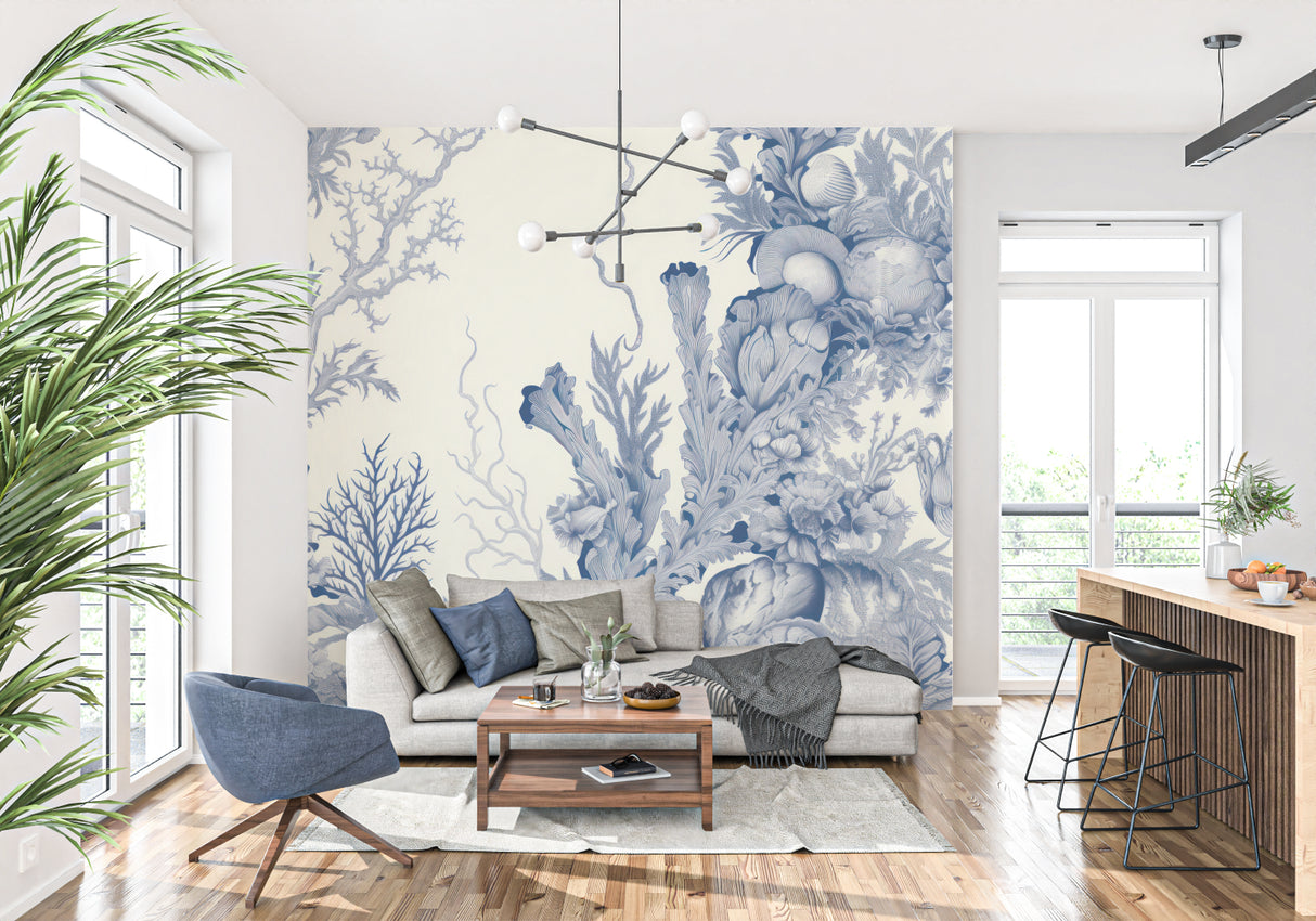 Blue Toile de Jouy wallpaper in contemporary dining room with natural light
