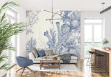 Blue Toile de Jouy wallpaper in contemporary dining room with natural light