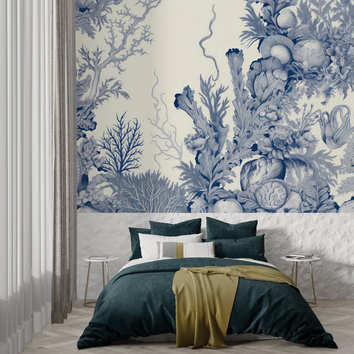 Nautical wallpaper detail in elegant bathroom setting