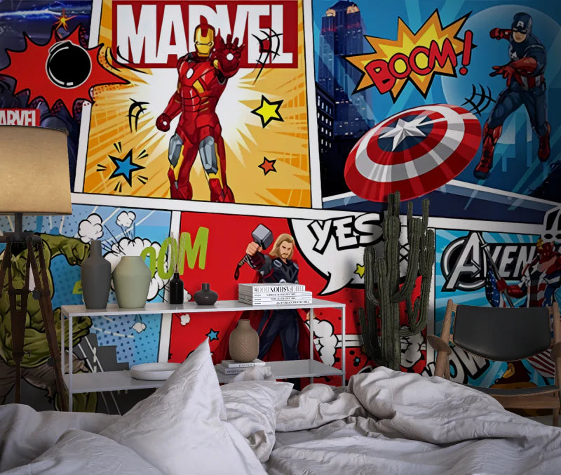 Children's room with superhero decor, including Marvel posters and superhero-themed furniture.