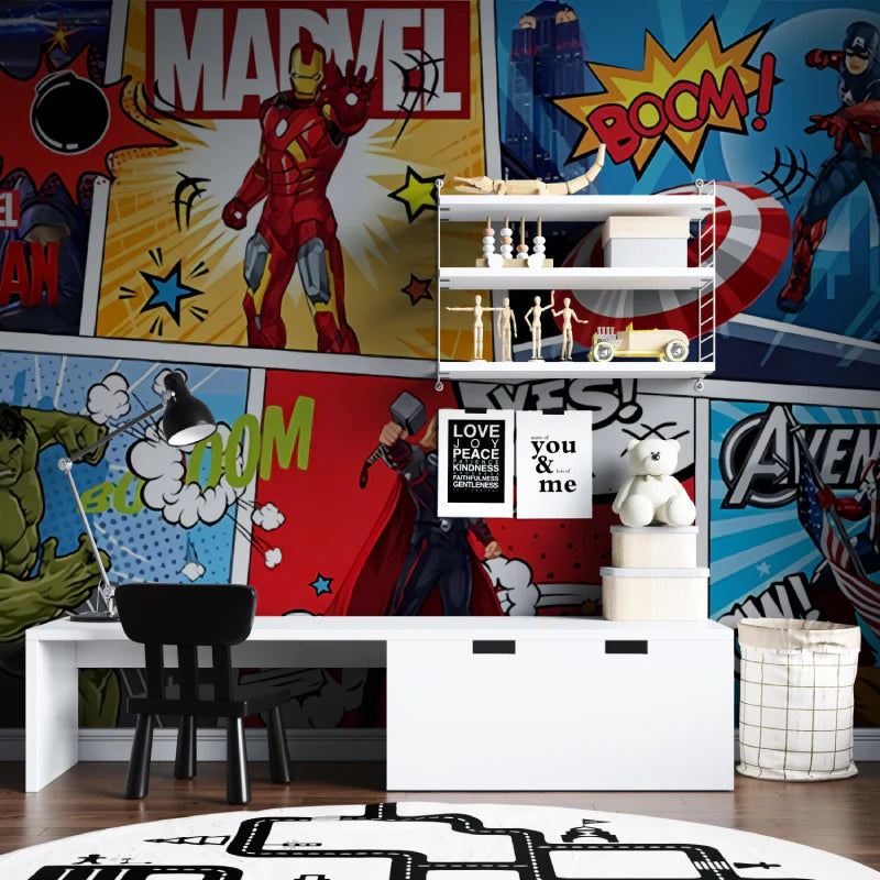 Children's room with superhero-themed wall art and furniture.
