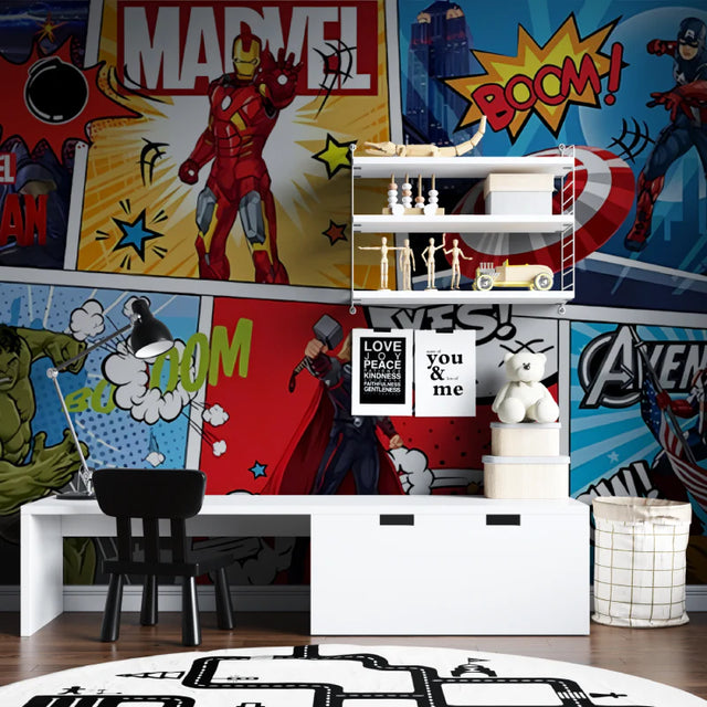 Children's room with superhero-themed wall art and furniture.