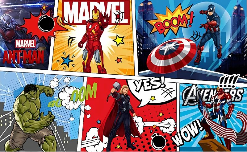 Collage of Marvel superhero characters with comic book-style graphics.