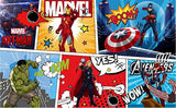 Collage of Marvel superhero characters with comic book-style graphics.