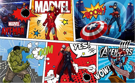 Collage of Marvel superhero characters with comic book-style graphics.