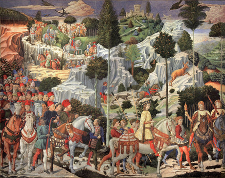 Medieval castle wallpaper design file showing Renaissance procession with nobles and horses against dramatic mountain landscape