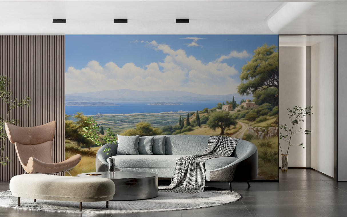 Mediterranean coastal wallpaper creating depth in modern living room with natural light