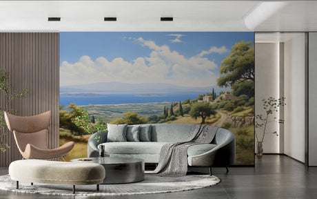 Mediterranean coastal wallpaper creating depth in modern living room with natural light