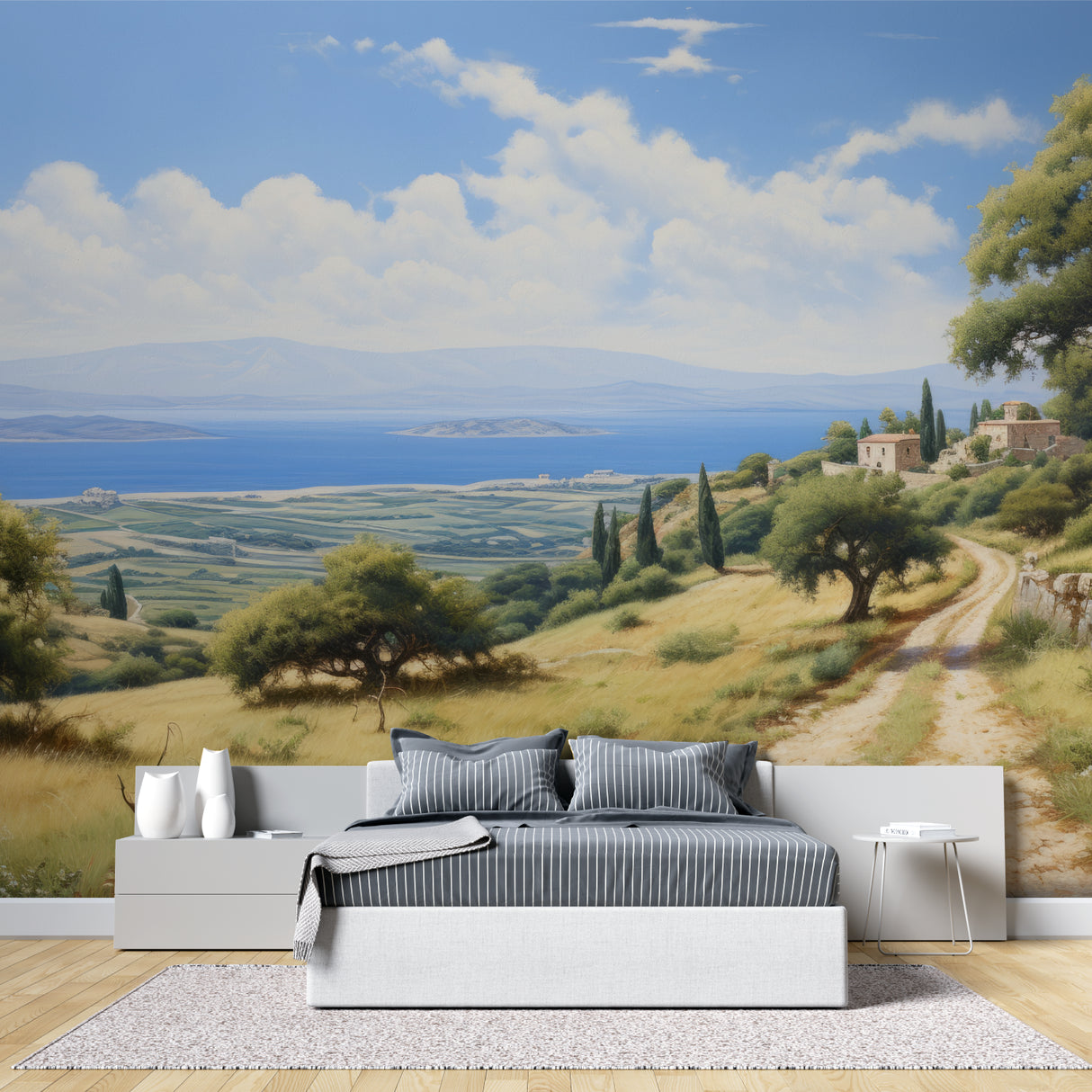 Coastal landscape mural brightening a dining room with Mediterranean charm